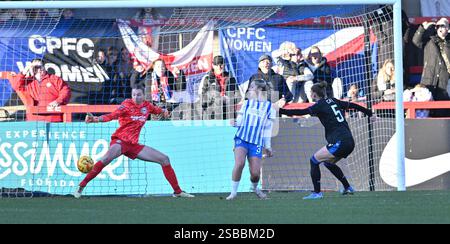 Crawley , Royaume-Uni 2 février 2025 - My Cato of Crystal Palace (à droite) marque son premier but pour égaliser en seconde mi-temps lors du match de football de Super League féminin entre Brighton & Hove Albion et Crystal Palace au Broadfield Stadium , Crawley , Royaume-Uni : Credit Simon Dack /TPI/ Alamy Live News Banque D'Images