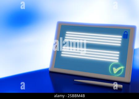 Tablette numérique et stylet sur un bureau à surface bleue, présentant un écran avec un document électronique signé. rendu 3d. Banque D'Images