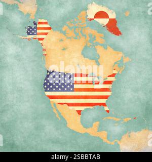Etats-Unis et Groenland sur la carte de l'Amérique du Nord dans un style grunge doux et vintage, comme du vieux papier avec de la peinture à l'aquarelle. Banque D'Images