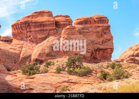 Un paysage magnifique et serein avec une colline rocheuse et quelques arbres dispersés. Le ciel est clair et bleu, procurant un sentiment de calme et de tra Banque D'Images