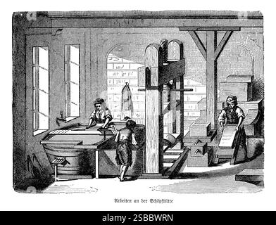 Les artisans sont représentés travaillant méticuleusement dans un atelier, chaque étape du processus de fabrication du papier étant présentée. Les barils remplis de pâte et d'eau se tiennent en évidence, utilisés pour tremper et mélanger les fibres. On voit des ouvriers tremper des cadres dans les barils, formant des feuilles de papier à la main. La scène capture la nature artistique et intensive de la fabrication du papier avant l'industrialisation, soulignant le dévouement à la qualité et à l'artisanat qui définissait cette technique ancienne. Banque D'Images