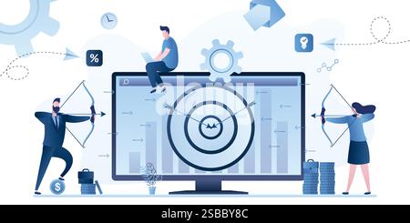 Contexte du concept marketing. Cibler, atteindre le public. Campagne publicitaire - de l'entreprise au consommateur. Stratégie de remarketing, marketing numérique vers Illustration de Vecteur