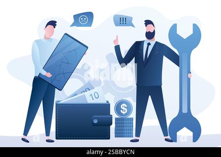Bannière de concept de réparation et d'entretien de téléphones mobiles. Utilisateur tenant le téléphone avec des fissures sur l'écran, homme d'affaires ou réparateur avec clé. Réparez un gadge cassé Illustration de Vecteur