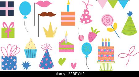 Eléments colorés de fête d'anniversaire avec ballons, cupcakes, cadeaux et décorations Illustration de Vecteur