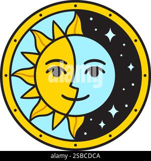 Dessin stylisé demi-soleil demi-lune en cercle. Jour et nuit, équilibre et unité. Joli symbole simple astrologie boho. Illustration clip art vectorielle. Illustration de Vecteur