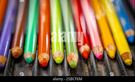 Une boîte de crayons de couleur alignés vue d'en haut Banque D'Images