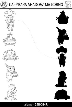 Activité d'appariement d'ombres noir et blanc Capibara. Puzzle de reconnaissance de forme capybara. Trouvez la feuille de travail imprimable de silhouette correcte, la page de coloriage ou GA Illustration de Vecteur
