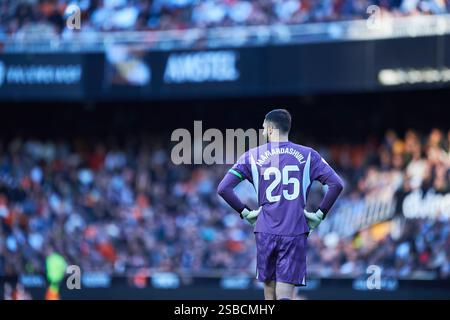 Valencia , Espagne , 2, février 2025. Giorgi Mamardashvili de Valencia CF lors de la 22e manche de la saison régulière de Liga EA Sport. Crédit : Vicente Vidal Fernandez/Alamy Live News Banque D'Images