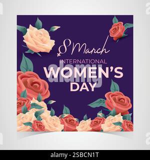 Journée internationale de la femme 8 mars bannière, Design floral vibrant célébrant les femmes, l'égalité et l'autonomisation. Fond coloré de souhaits de la Journée des femmes Illustration de Vecteur