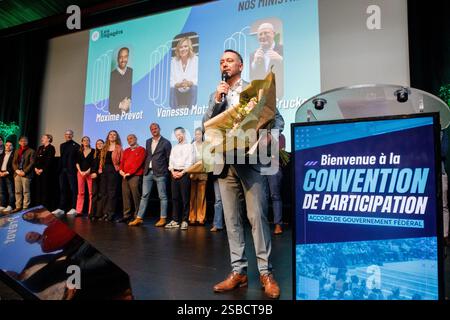 Liège, Belgique. 02 février 2025. Maxime Prevot des engage photographié lors d'un congrès du mouvement politique centriste francophone les engage concernant la participation au nouveau gouvernement fédéral, dimanche 02 février 2025 à Liège. Vendredi soir, les négociateurs des cinq partis N-va, Vooruit, CD&V, MR et les engage sont parvenus à un accord pour former un nouveau gouvernement fédéral belge. BELGA PHOTO HATIM KAGHAT crédit : Belga News Agency/Alamy Live News Banque D'Images
