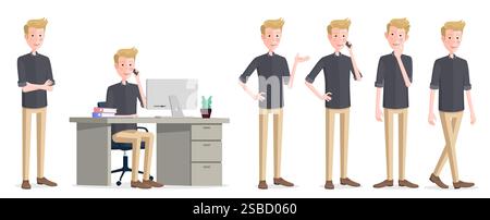 Personnage d'homme d'affaires de dessin animé dans différentes poses, assis sur la chaise de bureau, bras pliés, pensant, montrant, vecteur Premium de marche Illustration de Vecteur