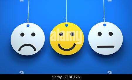 Emojis d'émotion sur des bulles de discours suspendues. Concept de commentaires clients. Rendu 3D. Banque D'Images