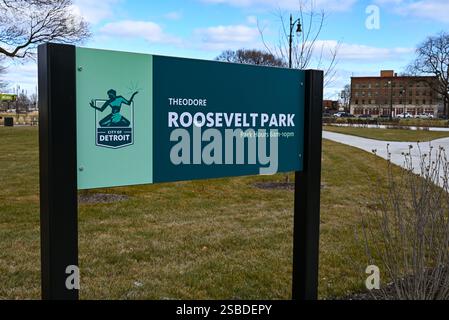 Detroit, États-Unis. 19 décembre 2023. Un panneau pour Roosevelt Park à Detroit, Michigan, le 19 décembre 2023. (Photo de Alexander Clegg/NurPhoto)0 crédit : NurPhoto SRL/Alamy Live News Banque D'Images