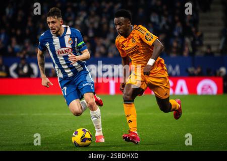 Barcelone, Espagne. 1er février 2025. Jofre CARRERAS d'Espanyol Barcelone et Kylian MBAPPE du Real Madrid lors du match de football de la Liga entre le RCD Espanyol et le Real Madrid CF le 1er février 2025 au stade RCDE de Barcelone, Espagne - photo Matthieu Mirville (Joma Garcia)/DPPI crédit : DPPI Media/Alamy Live News Banque D'Images
