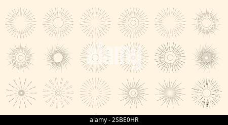 Jeu de cliparts d'icône de dessin solaire. Collection d'art clip rétro rétro radial Sunburst vintage avec illustration vectorielle de symbole graphique de logo de rayons de soleil abstrait. Illustration de Vecteur