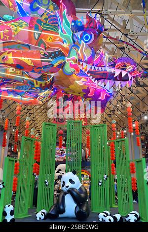 Sculpture moderne et colorée de Dragon et pandas exposés dans un centre commercial populaire de Bangkok, célébrant le nouvel an lunaire 2025 et les relations thaïlando-chinoises Banque D'Images