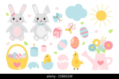 Ensemble de cliparts de Pâques de dessin animé plat avec des lapins mignons, des œufs de Pâques, des poussins, des fleurs et des éléments de printemps. Illustration vectorielle de vacances colorée pour les cartes de voeux, les décorations et les projets d'enfants Illustration de Vecteur