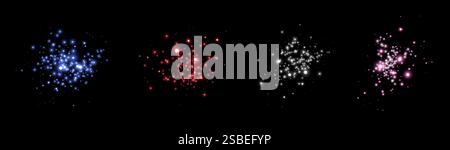Étincelles magiques éclatantes. Des points scintillants, des particules et des étoiles. Effet de lumière éclatante. Points lumineux de différentes couleurs. Particules vectorielles sur noir Illustration de Vecteur