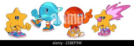 Personnages d'univers de dessin animé groovy avec des corps célestes expressifs dans des baskets. Étoiles jaunes, planète bleue, mars rouge et comète cosmique avec chewing-gum rose. Pour l'enseignement de l'astronomie des enfants. Illustration de Vecteur