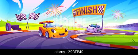 Scène de dessin animé de voitures de course pour enfants avec des automobiles souriantes sur la piste, drapeaux à damiers croisés, bannière de finition et feux d'artifice dans le ciel bleu. Trace de route avec les participants à la compétition approchant de la ligne finale. Illustration de Vecteur