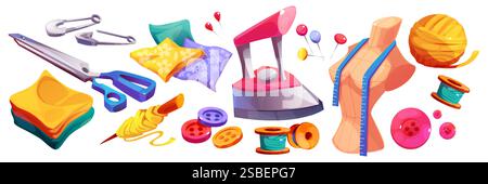Collection d'accessoires de couture de dessin animé avec des outils et des fournitures colorés. Équipement de couture - ciseaux et épingles, pile de fer et de tissu, boutons et ruban à mesurer sur mannequin pour la confection artisanale. Illustration de Vecteur