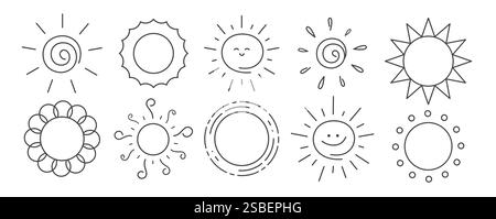 Ensemble de cliparts de dessin de contour du soleil. Collection noire de clip art dessinée à la main avec symbole de ligne doodle et illustration vectorielle d'icône. Illustration de Vecteur