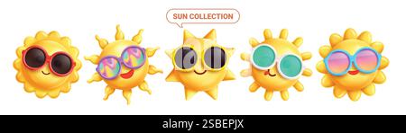 Ensemble clipart visage soleil. Jaune clip art soleil avec des expressions faciales mignonnes et fraîches portant des éléments de lunettes de soleil illustration vectorielle émoticône d'été Illustration de Vecteur