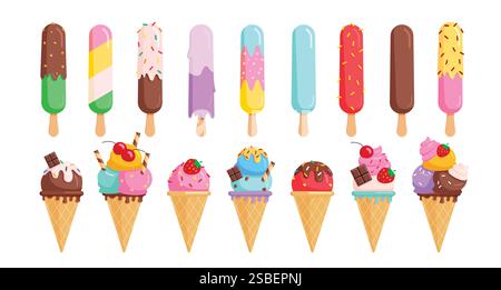 Ensemble clipart de dessin animé de crème glacée. Cônes de crème glacée et popsicle icône clip art avec éléments de saveur illustration vectorielle d'été dessert sucré symbole plat Illustration de Vecteur