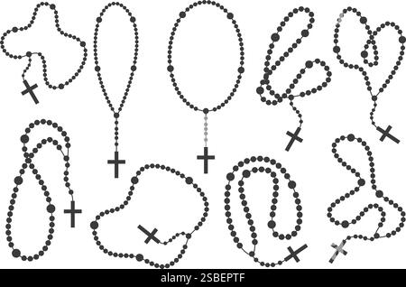 Perles de Rosaire avec croix. Collier de prière catholique isolé sur fond blanc. Chaîne chrétienne avec silhouettes crucifix. Bijoux religieux pour Illustration de Vecteur
