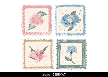 Éléments d'écusson carrés floraux. Fleurs isolées sur fond blanc. Illustration vectorielle d'art au trait dessinée à la main. Illustration de Vecteur