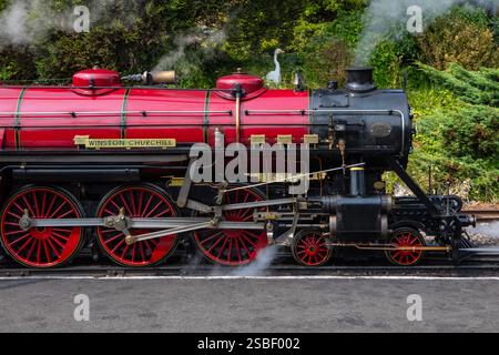 Kent, Royaume-Uni - 19 août 2024 : la magnifique locomotive Winston Churchill à la gare de New Romney, sur le chemin de fer Romney, Hythe et Dymchurch dans le Kent, Royaume-Uni. Banque D'Images