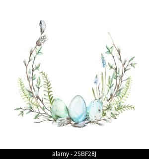 Couronne d'aquarelle de Pâques de feuilles de fougères, oeufs, plumes, brindilles, branches de saule, fleurs blanches Banque D'Images