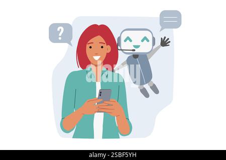 Chatbot aide la femme grâce à une application mobile sur téléphone, fournissant des conseils et un soutien technique Illustration de Vecteur
