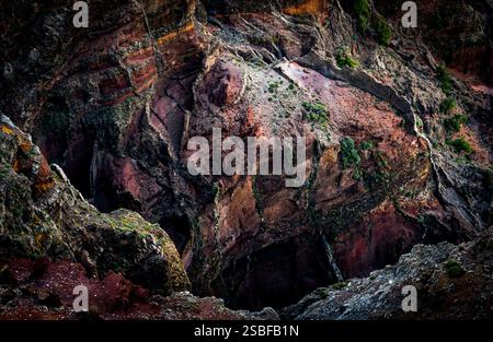 Vue aérienne d'un canyon accidenté avec des formations rocheuses colorées et de la végétation. La texture des roches varie, mettant en valeur des couches de tons de terre et gre Banque D'Images