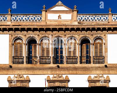 Une vue rapprochée de la façade d'un bâtiment historique avec des détails architecturaux ornés, y compris des fenêtres cintrées avec des volets en bois, pierre complexe c Banque D'Images