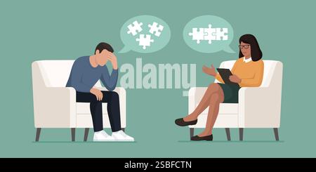 Psychologue aidant un patient déprimé pendant une séance de thérapie, elle est en train de rassembler ses pièces Illustration de Vecteur