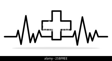 Icône médicale avec battement de cœur. Icône médicale noire minimaliste avec battement de cœur et croix. Concept de soins, cardiologie et soutien médical. VE Illustration de Vecteur