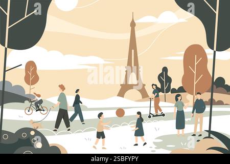 Illustration vectorielle de différentes personnes marchant dans le parc avec la Tour Eiffel en arrière-plan. Les enfants et les adultes passent activement leur temps libre ou Illustration de Vecteur