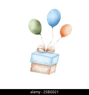 Cadeau volant sur des ballons. illustration aquarelle pour les vacances, la célébration. Dessiné à la main, isolé sur un fond blanc. Pour l'impression, scrapbooking, cartes, design Banque D'Images