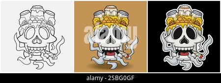 Miel à l'intérieur de la tête de crâne avec dessin animé de personnage fumant. Noir Blanc, coloré et style autocollant. Pour T-shirt imprimé, logo de marque, Label et Mascot produ Illustration de Vecteur