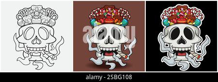 Bonbons à l'intérieur de la tête de crâne avec dessin animé de personnage fumant. Noir Blanc, coloré et style autocollant. Pour T-shirt imprimé, logo de marque, Label et Mascot produ Illustration de Vecteur