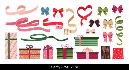 Ensemble de coffrets cadeaux, sacs, rubans et noeuds. Illustration de Vecteur