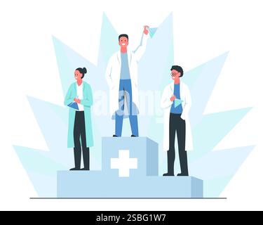 Découverte d'un concept vaccinal. Illustration colorée vectorielle de trois scientifiques souriants heureux sur le podium avec des flacons chimiques dans leurs mains Illustration de Vecteur