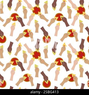 Femmes et hommes mains différentes nationalités plongent nacho dans la sauce salsa saucière bateau Seamless Pattern. Illustration vectorielle isolée cartes de jour Nacho arrière-plan ou bannière promo web, dépliants, étiquettes Illustration de Vecteur