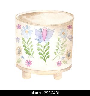 Illustration aquarelle d'un pot de fleur mignon. Le dessin est dessiné à la main, adapté à la décoration des cartes, des emballages et des textiles Banque D'Images