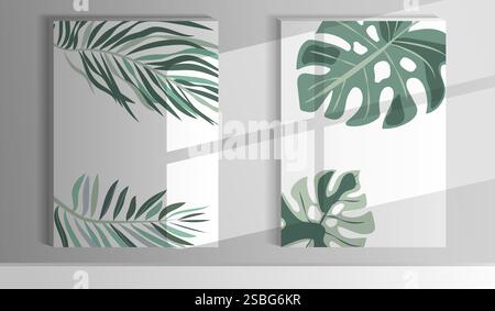 Illustration vectorielle de feuilles tropicales présentant un feuillage vert vibrant dans un espace intérieur moderne Illustration de Vecteur