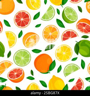 Motif sans couture d'agrumes frais multicolore. Illustration de bande dessinée plate vectorielle de pamplemousses, citron vert, citrons et oranges. Mode tropicale estivale Illustration de Vecteur