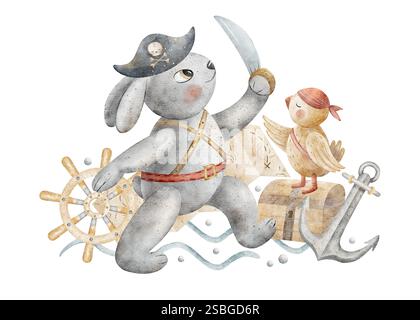 Composition aquarelle de pirate lièvre, marin perroquet, ancre, gouvernail de bateau, carte. Illustration de lapin dessiné à la main. Isolez le blanc pour la conception de Banque D'Images
