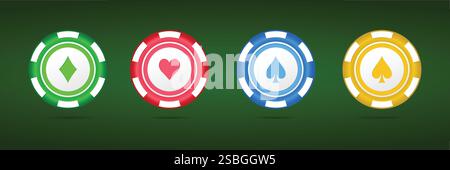 Jetons de poker, icônes de jeux de casino. Pièces de monnaie de jeu, quatre jetons avec des signes de carte de diamant, coeur, pique et club Illustration de Vecteur