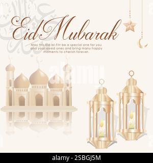 Joyeux Aid al Fitr. Mosquée réaliste IDUL FITRI signifie Eid al Fitr. Conception d'affiche Eid Moubarak avec Mosquée islamique et lanterne Illustration de Vecteur